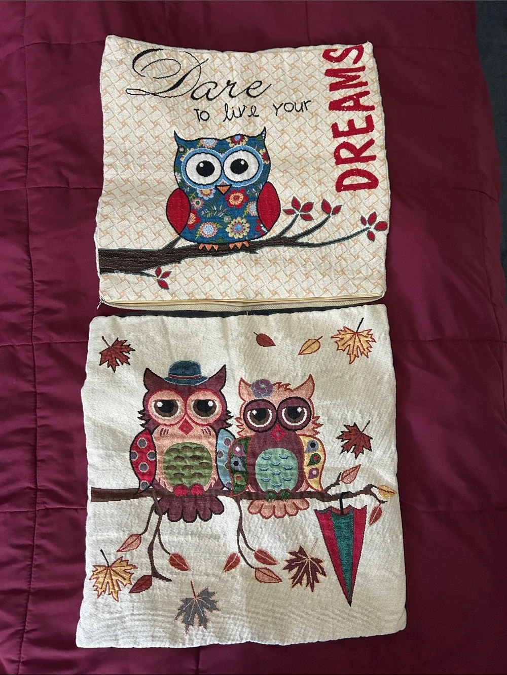 Whimsical Owl Decorative Pillow Covers - Neutral, Red, Teal Accents